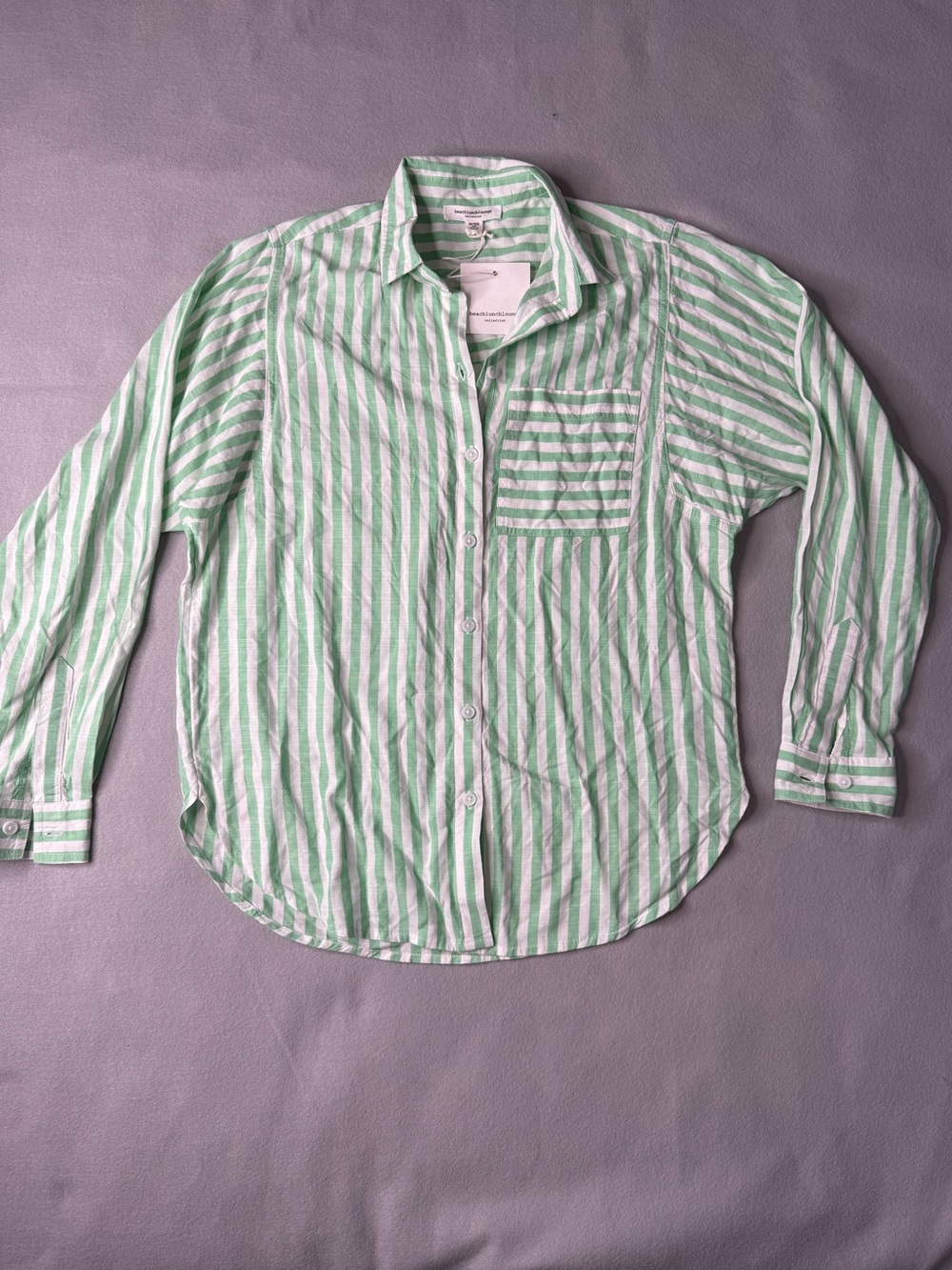 BeachLunchLounge Maelyn Wasabi Paste Green White Stripe Rayon Button Up Shirt XS
